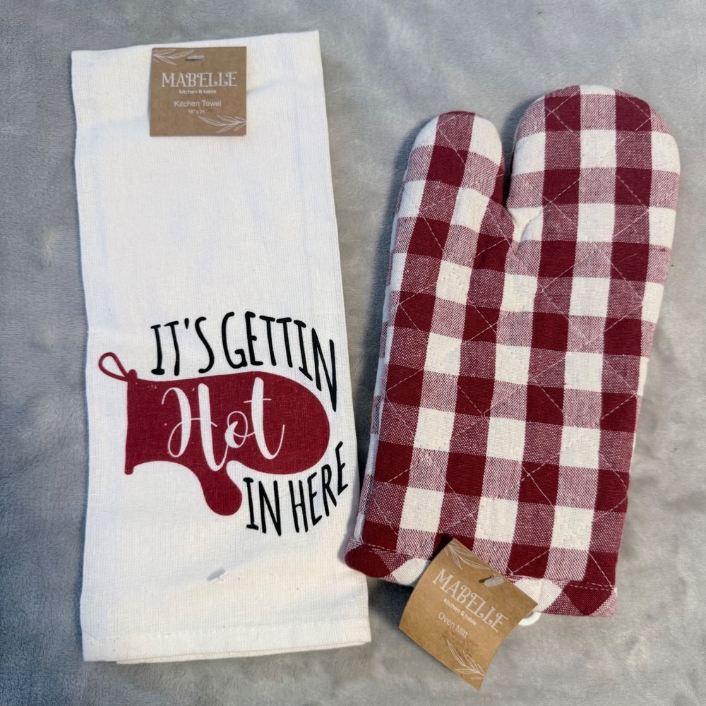 Mabelle Kitchen Towel Oven Mitt Set NWT Buffalo Plaid Funny Farmhouse